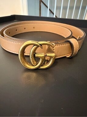 Gucci Tan Leather Double G Marmont Buckle Belt with Antique Gold Hardware